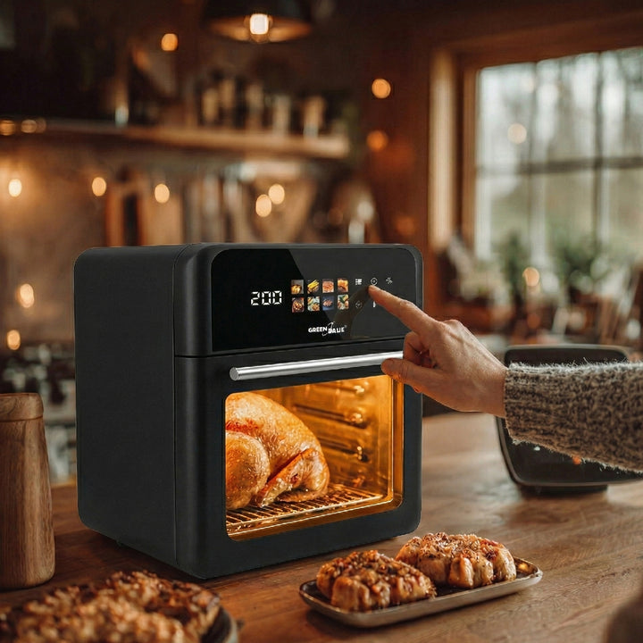 Безмаслена фритюрница AIR FRYER GreenBlue, мощност 1800 W, капацитет 10 л, 8 програми, аксесоари, таймер, GB950 + термометър/сонда за храни, GreenBlue GB178