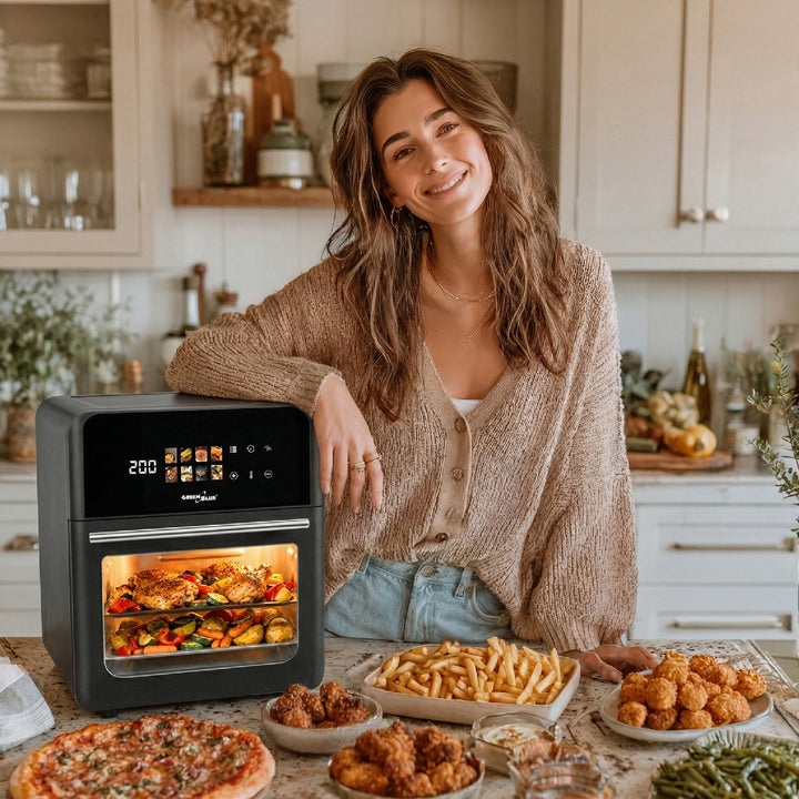 Безмаслена фритюрница AIR FRYER GreenBlue, мощност 1800 W, капацитет 10 л, 8 програми, аксесоари, таймер, GB950 + термометър/сонда за храни, GreenBlue GB178