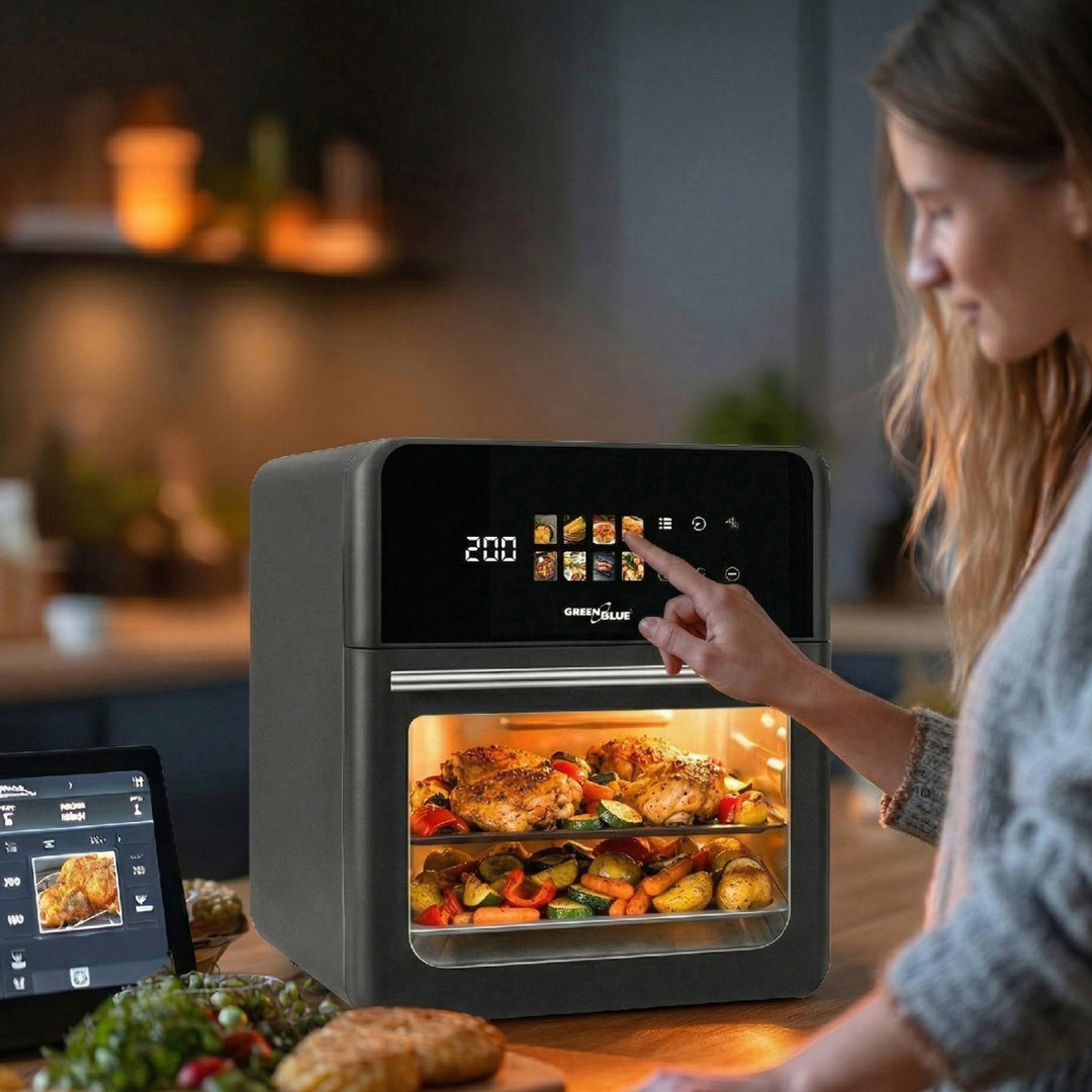 Безмаслена фритюрница AIR FRYER GreenBlue, мощност 1800 W, капацитет 10 л, 8 програми, аксесоари, таймер, GB950 + термометър/сонда за храни, GreenBlue GB178