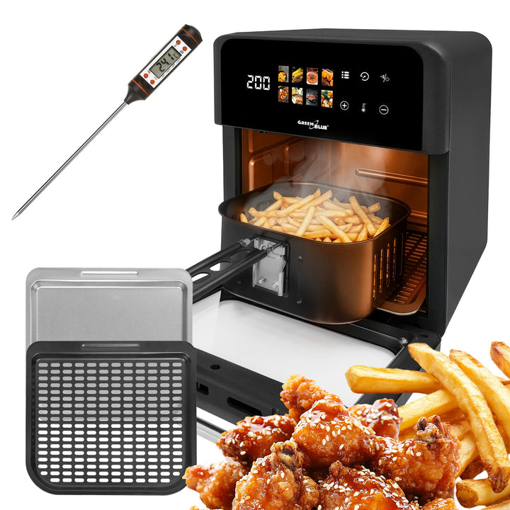 Безмаслена фритюрница AIR FRYER GreenBlue, мощност 1800 W, капацитет 10 л, 8 програми, аксесоари, таймер, GB950 + термометър/сонда за храни, GreenBlue GB178