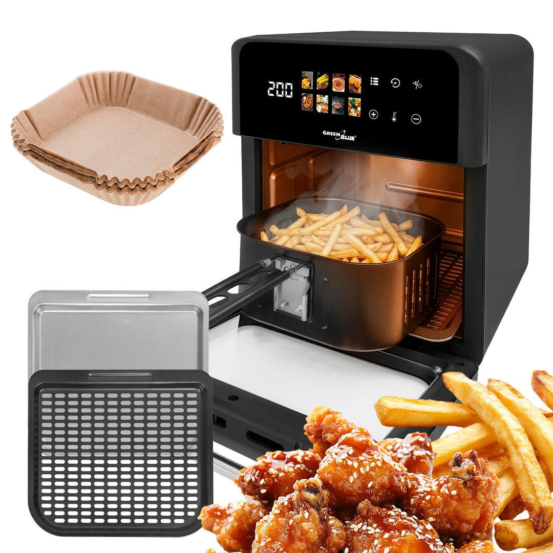 Безмаслена фритюрница AIR FRYER GreenBlue, мощност 1800 W, капацитет 10 л, 8 програми, аксесоари, таймер, GB950 + хартиени филтърни торбички 16 см, 100 броя