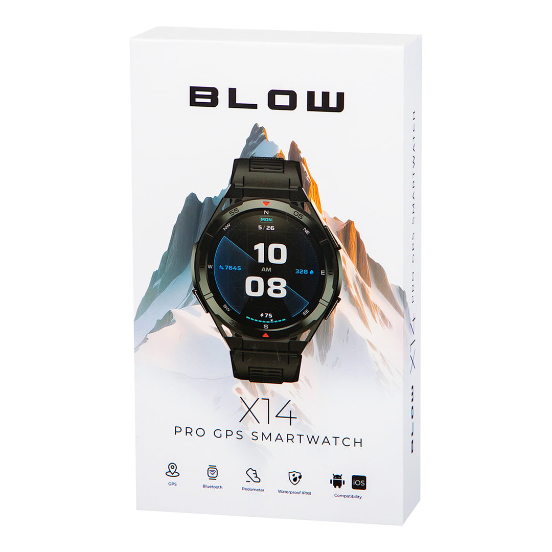 Умен часовник BLOW X14 Pro, AMOLED дисплей 1,43", батерия 490 mAh, GPS, 4 GB RAM и 256 MB памет, функции за здраве, 2 цвята на каишката, 89-016#