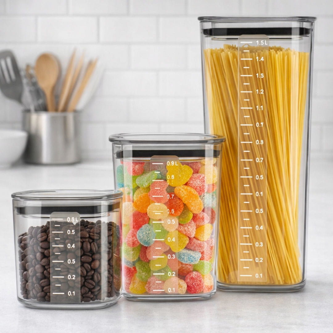 Кухненски съдове Practic за сипучи продукти, с обем 0,6 л, 0,9 л, 1,5 л, с капаци с уплътнение,