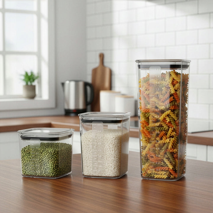 Кухненски съдове Practic за сипучи продукти, с обем 0,6 л, 0,9 л, 1,5 л, с капаци с уплътнение,