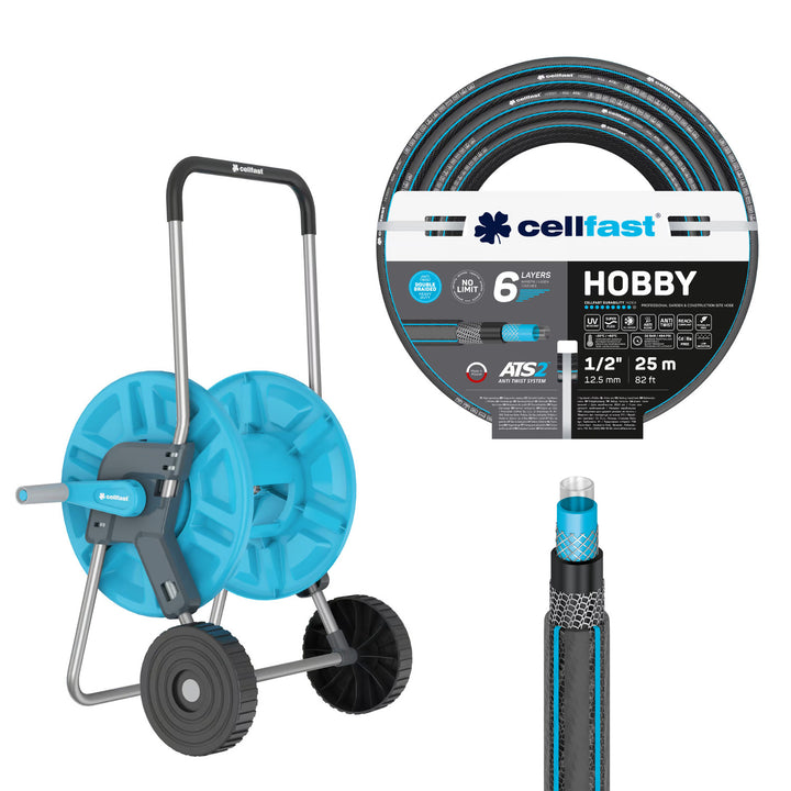 Количка за маркуч Cellfast Aluplus 1/2" 60 м + градински маркуч Cellfast Hobby ATS2 1/2" 25 м