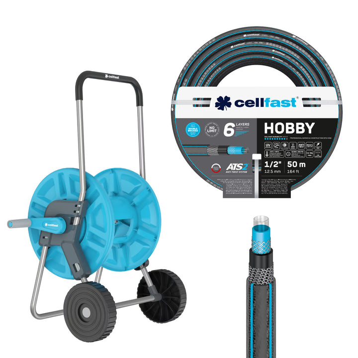 Количка за маркуч Cellfast Aluplus 1/2" 60 м + градински маркуч Cellfast Hobby ATS2 1/2" 50 м