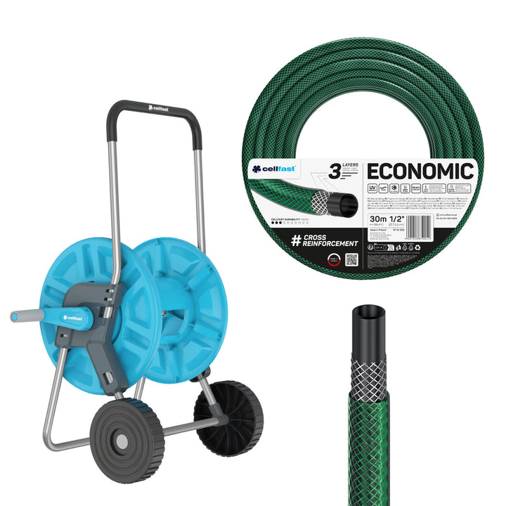 Количка за маркуч Cellfast Aluplus 1/2" 60 м + градински маркуч Cellfast Economic 1/2" 30 м