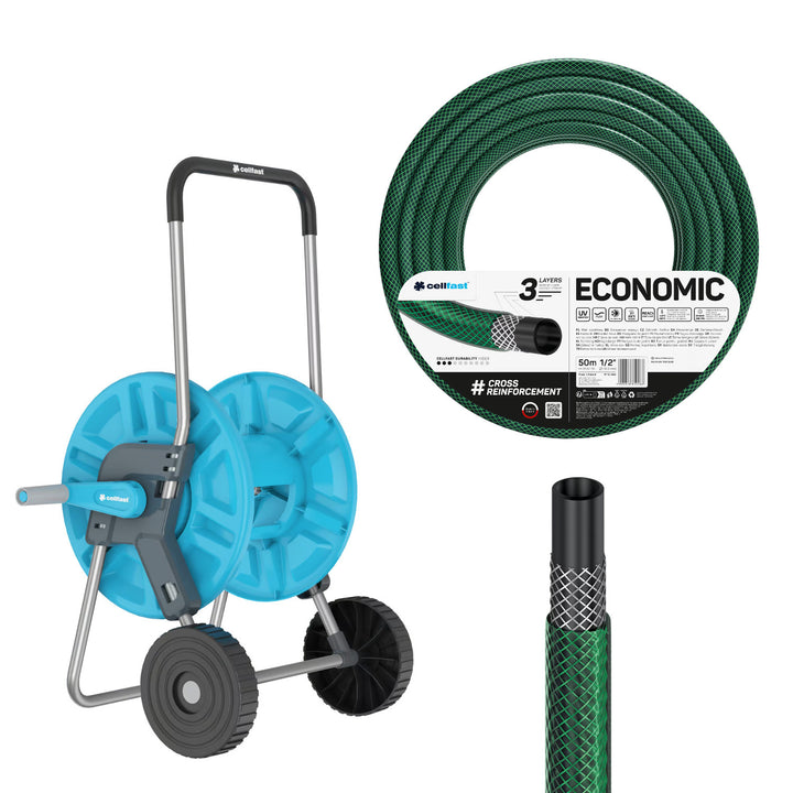 Количка за маркуч Cellfast Aluplus 1/2" 60 м + градински маркуч Cellfast Economic 1/2" 50 м