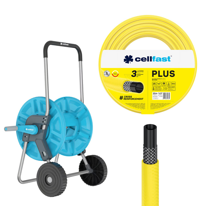 Количка за маркуч Cellfast Aluplus 1/2" 60 м + градински маркуч Cellfast Plus 1/2" 25 м