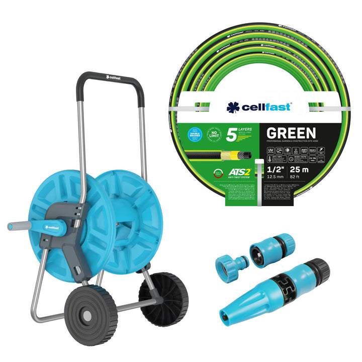 Количка за маркуч Cellfast Aluplus 1/2" 60 м + градински маркуч Cellfast Green ATS2 1/2" 25 м + комплект с прав разпръсквач Cellfast Basic 1/2"