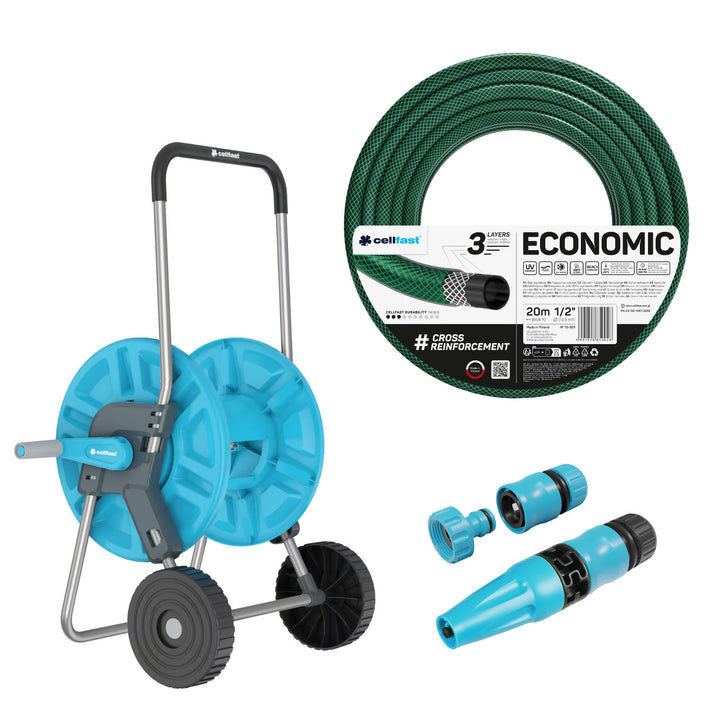 Количка за маркуч Cellfast Aluplus 1/2" 60 м + градински маркуч Cellfast Economic 1/2" 20 м + комплект с прав разпръсквач Cellfast Basic 1/2"