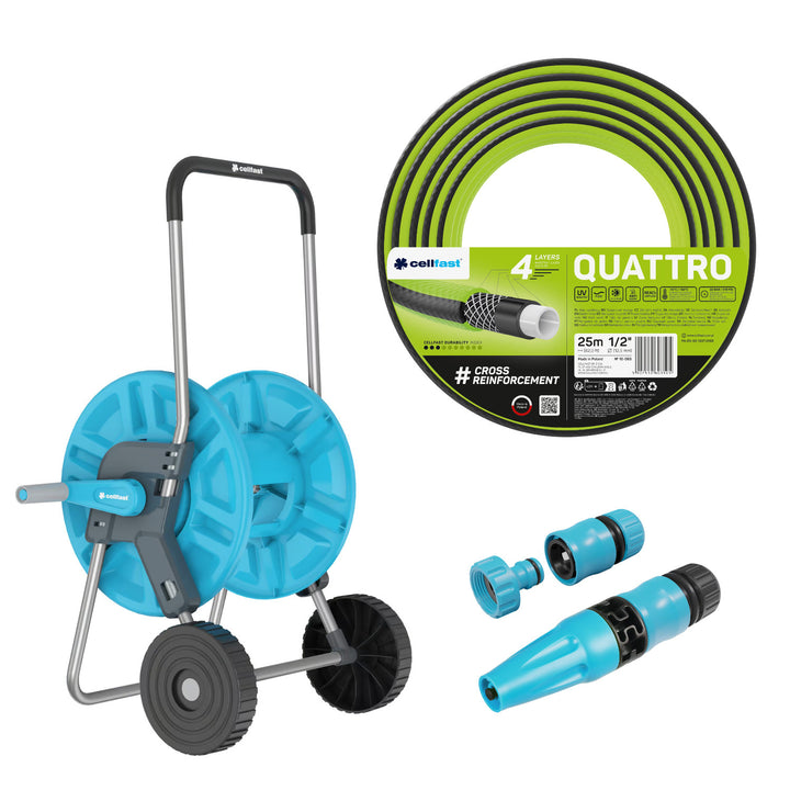 Количка за маркуч Cellfast Aluplus 1/2" 60 м + градински маркуч Cellfast Quattro 1/2" 25 м + комплект с прав разпръсквач Cellfast Basic 1/2"