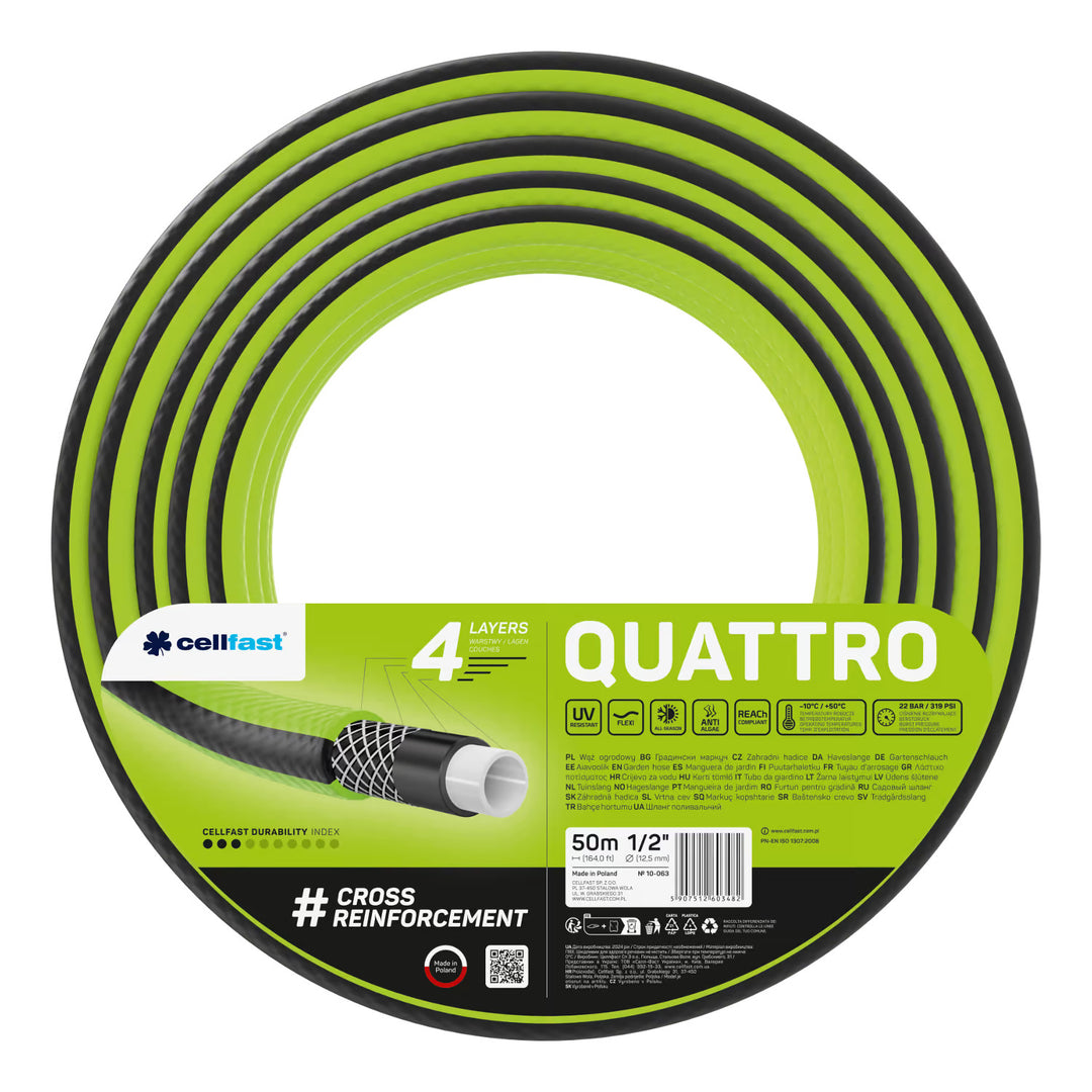 Количка за маркуч Cellfast Aluplus 1/2" 60 м + градински маркуч Cellfast Quattro 1/2" 50 м + комплект с прав разпръсквач Cellfast Basic 1/2"