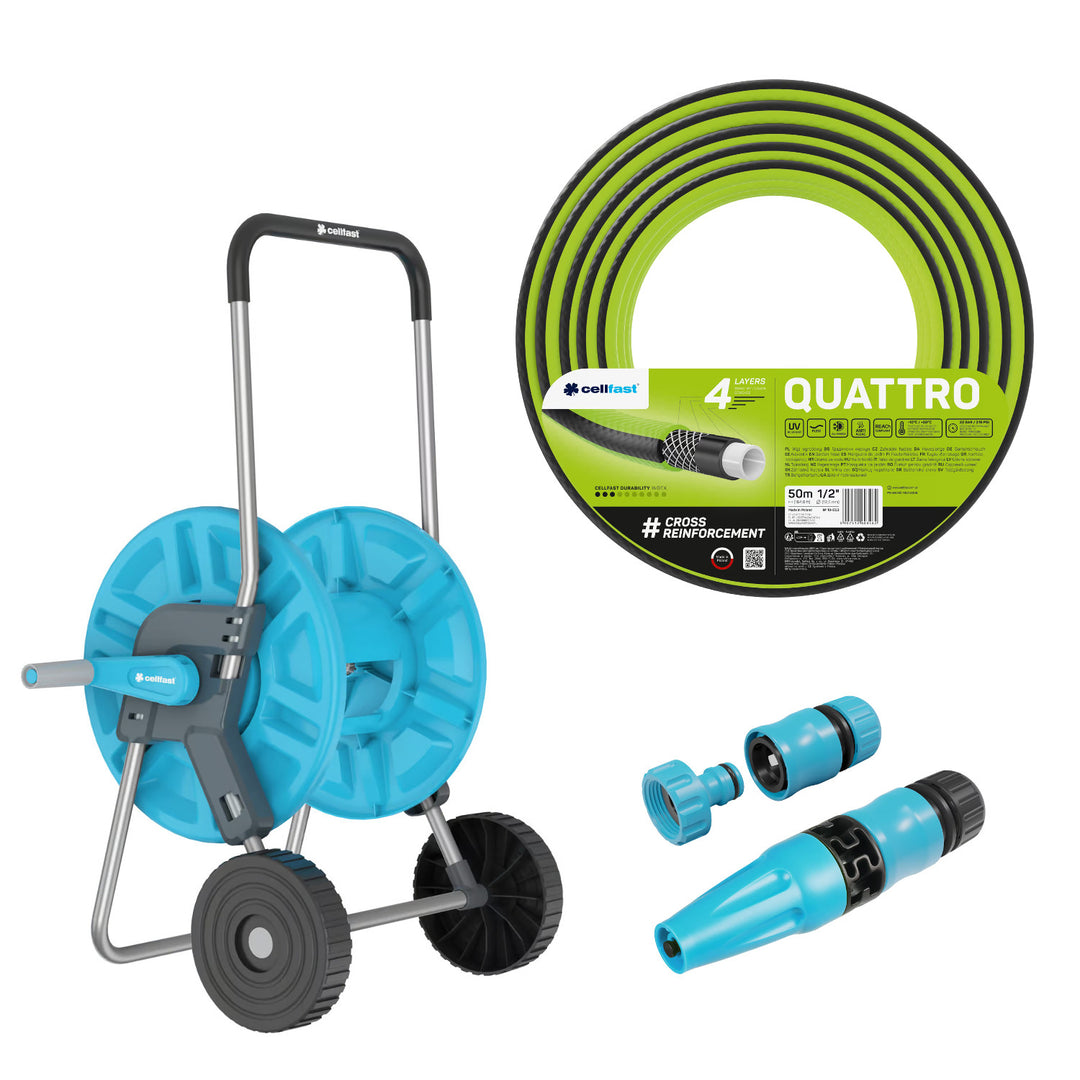 Количка за маркуч Cellfast Aluplus 1/2" 60 м + градински маркуч Cellfast Quattro 1/2" 50 м + комплект с прав разпръсквач Cellfast Basic 1/2"