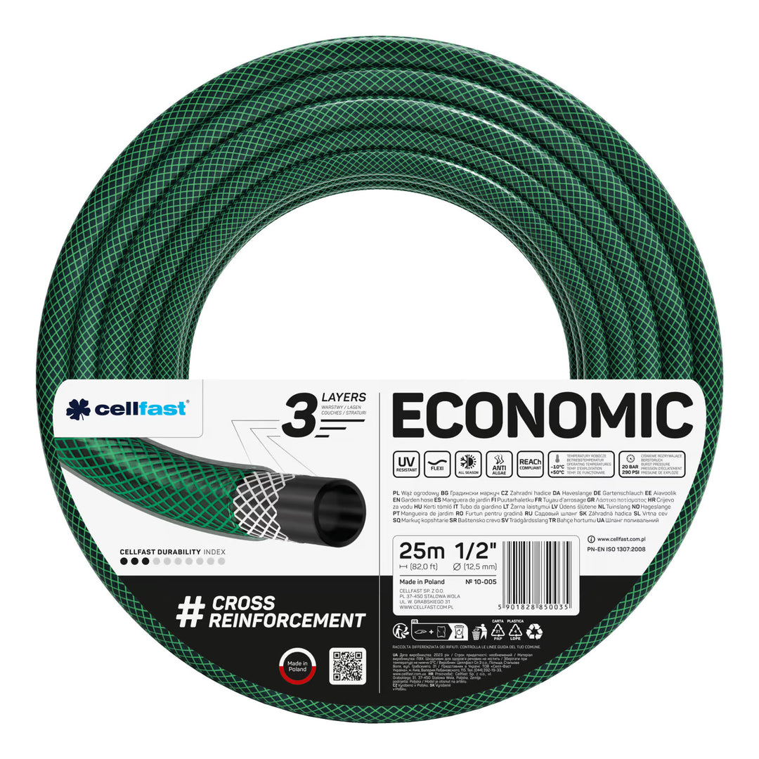 Количка за маркуч Cellfast Aluplus 1/2" 60 м + градински маркуч Cellfast Economic 1/2" 25 м + комплект с прав разпръсквач Cellfast Basic 1/2"