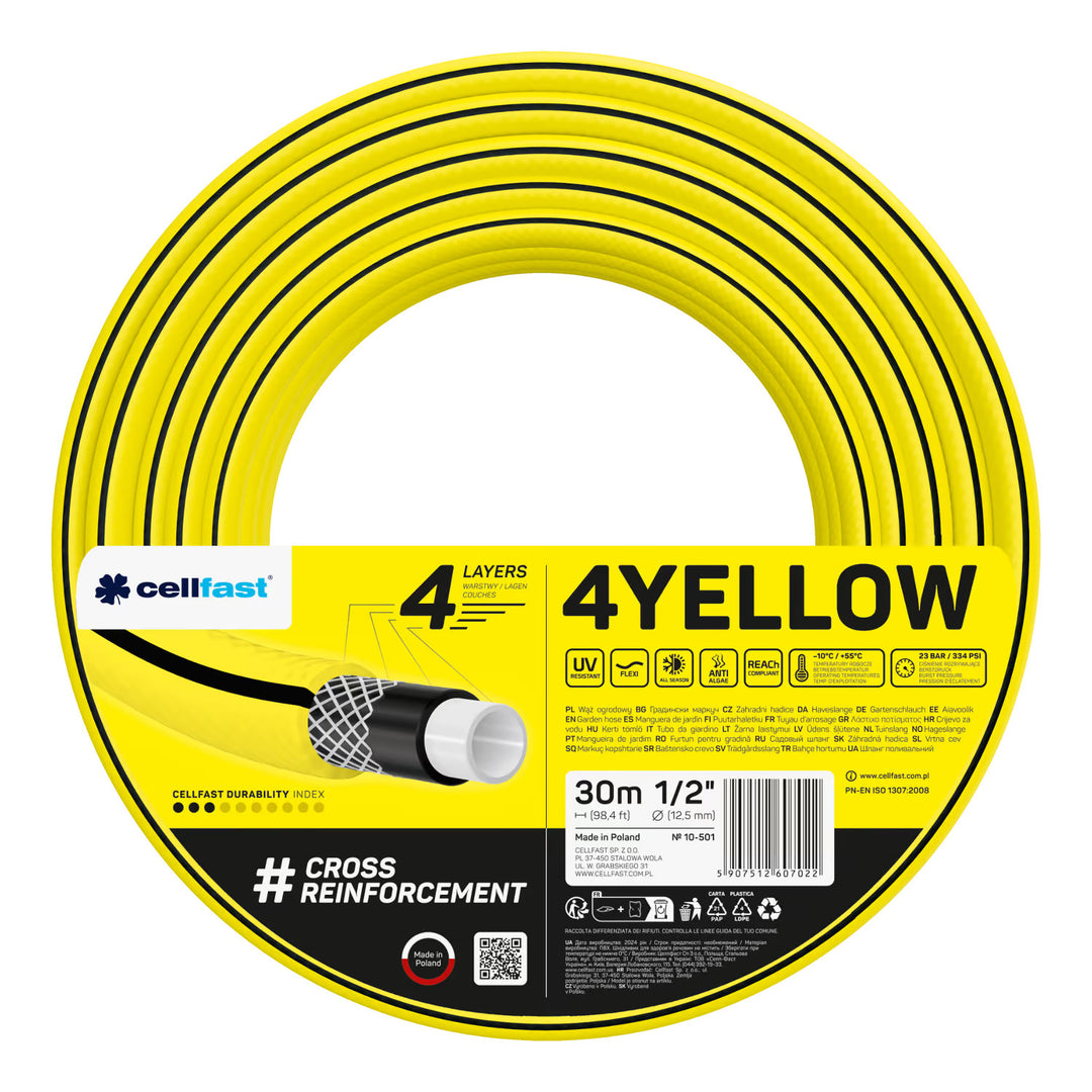 Количка за маркуч Cellfast Aluplus 1/2" 60 м + градински маркуч Cellfast 4YELLOW 1/2" 30 м + комплект с прав разпръсквач Cellfast Basic 1/2"