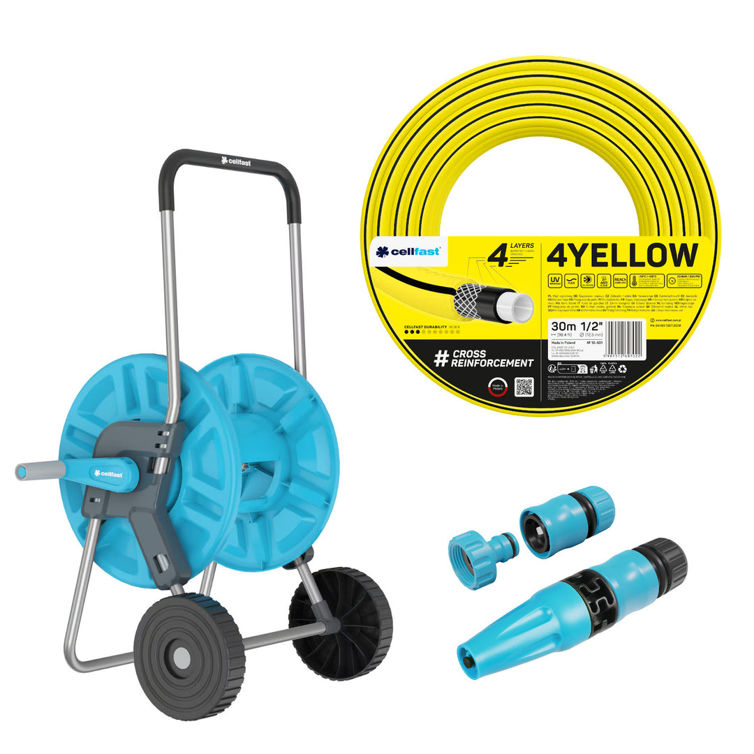 Количка за маркуч Cellfast Aluplus 1/2" 60 м + градински маркуч Cellfast 4YELLOW 1/2" 30 м + комплект с прав разпръсквач Cellfast Basic 1/2"