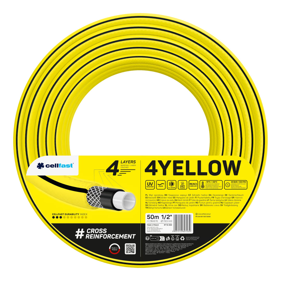 Количка за маркуч Cellfast Aluplus 1/2" 60 м + градински маркуч Cellfast 4YELLOW 1/2" 50 м + комплект с прав разпръсквач Cellfast Basic 1/2"