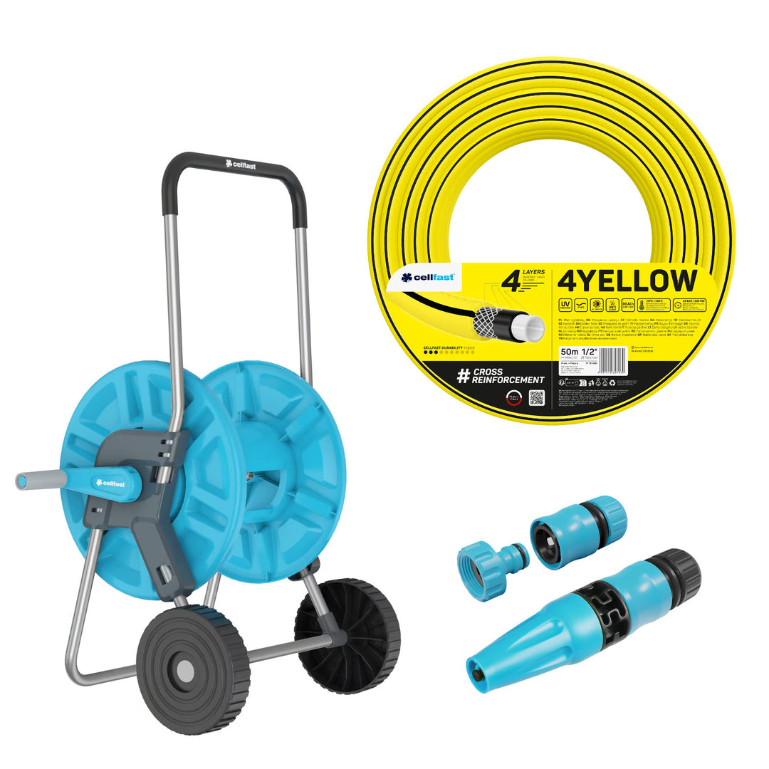 Количка за маркуч Cellfast Aluplus 1/2" 60 м + градински маркуч Cellfast 4YELLOW 1/2" 50 м + комплект с прав разпръсквач Cellfast Basic 1/2"