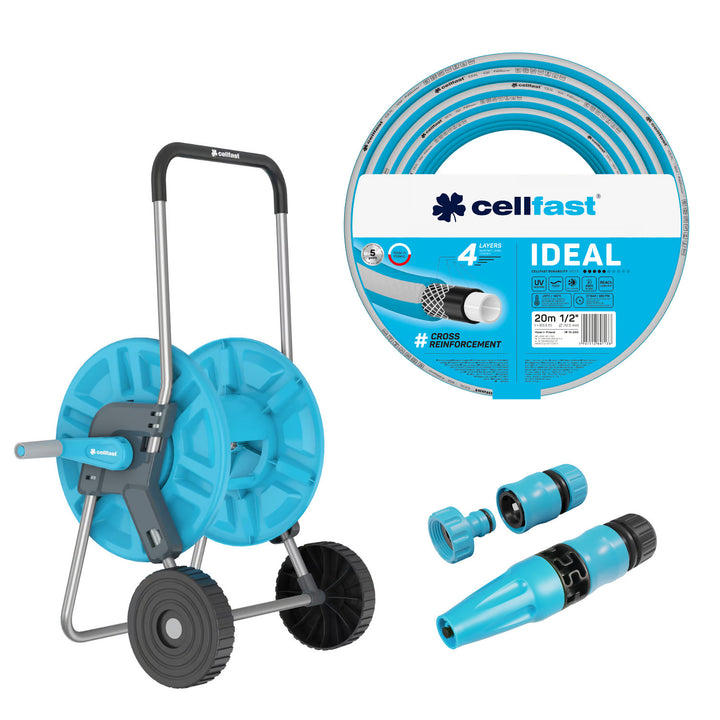 Количка за маркуч Cellfast Aluplus 1/2" 60 м + градински маркуч Cellfast IDEAL 1/2" 20 м + комплект с прав разпръсквач Cellfast Basic 1/2"