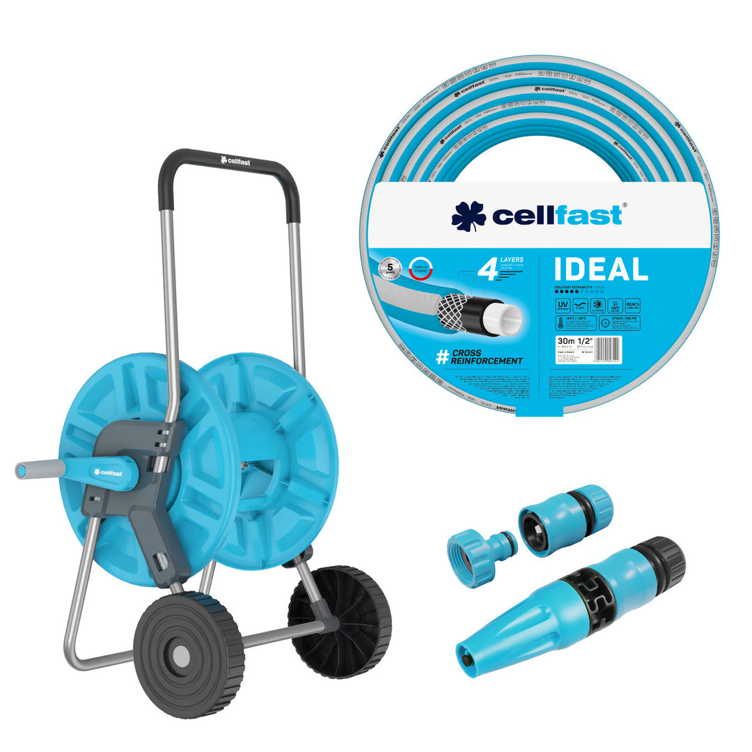 Количка за маркуч Cellfast Aluplus 1/2" 60 м + градински маркуч Cellfast IDEAL 1/2" 30 м + комплект с прав разпръсквач Cellfast Basic 1/2"
