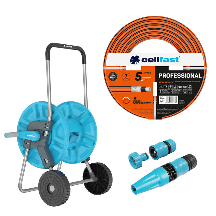 Количка за маркуч Cellfast Aluplus 1/2" 60 м + градински маркуч Cellfast, PROFESSIONAL 1/2" 20 м + комплект с прав разпръсквач Cellfast Basic 1/2"