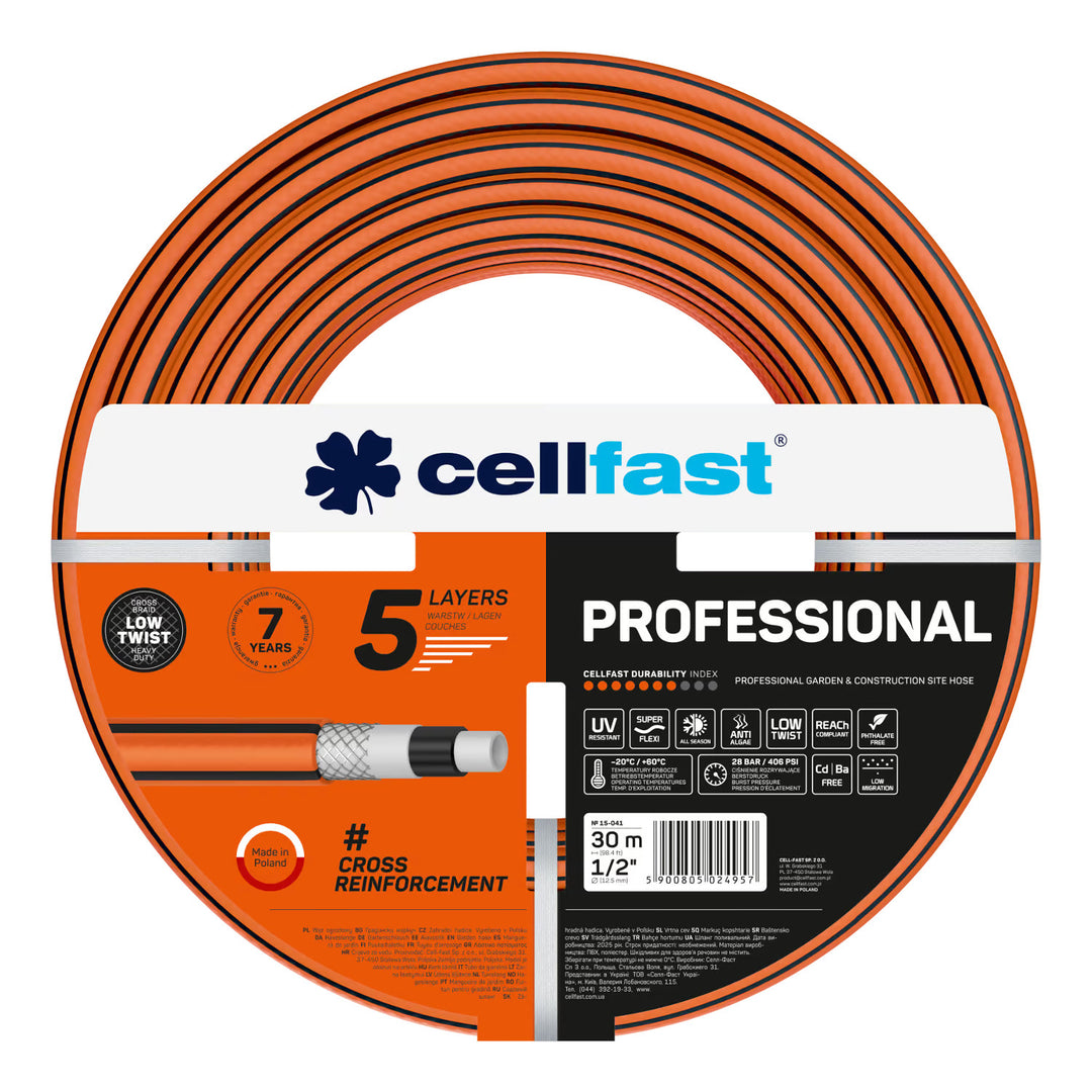 Количка за маркуч Cellfast Aluplus 1/2" 60 м + градински маркуч Cellfast, PROFESSIONAL 1/2" 30 м + комплект с прав разпръсквач Cellfast Basic 1/2"