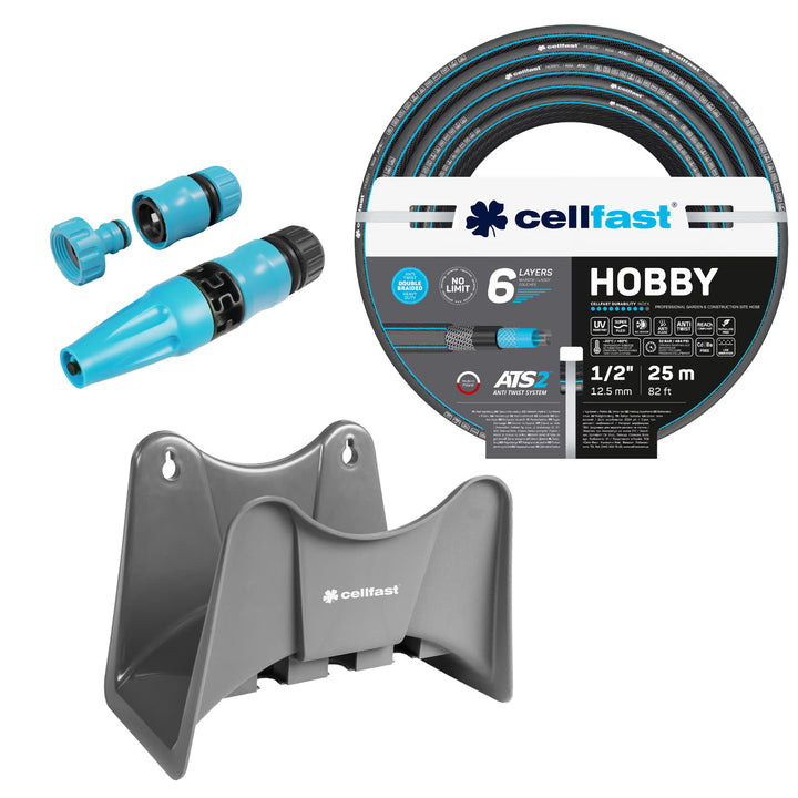 Градински маркуч Cellfast Hobby ATS2 1/2" 25 м + закачалка за маркуч Cellfast (сива) + комплект с прав разпръсквач Cellfast Basic 1/2"