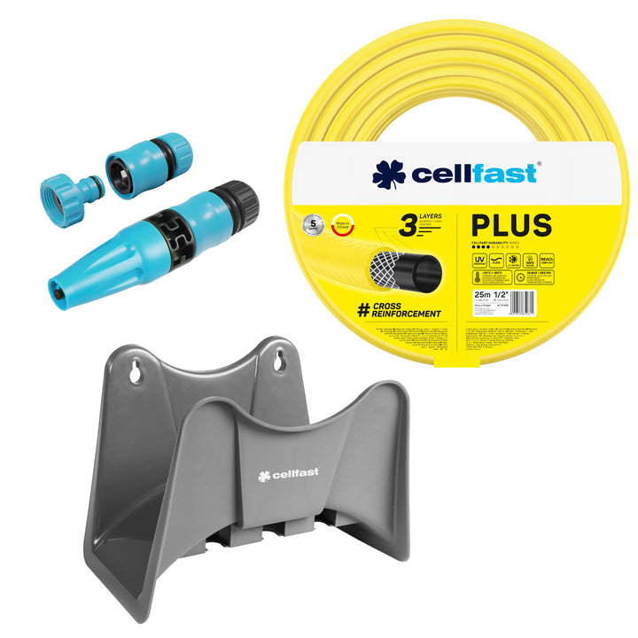 Градински маркуч Cellfast Plus 1/2" 25 м + закачалка за маркуч Cellfast (сива) + комплект с прав разпръсквач Cellfast Basic 1/2"