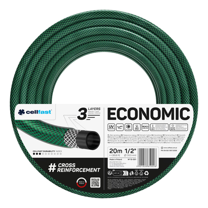 Градински маркуч Cellfast Economic 1/2" 20 м + закачалка за маркуч Cellfast (сива) + комплект с прав разпръсквач Cellfast Basic 1/2"