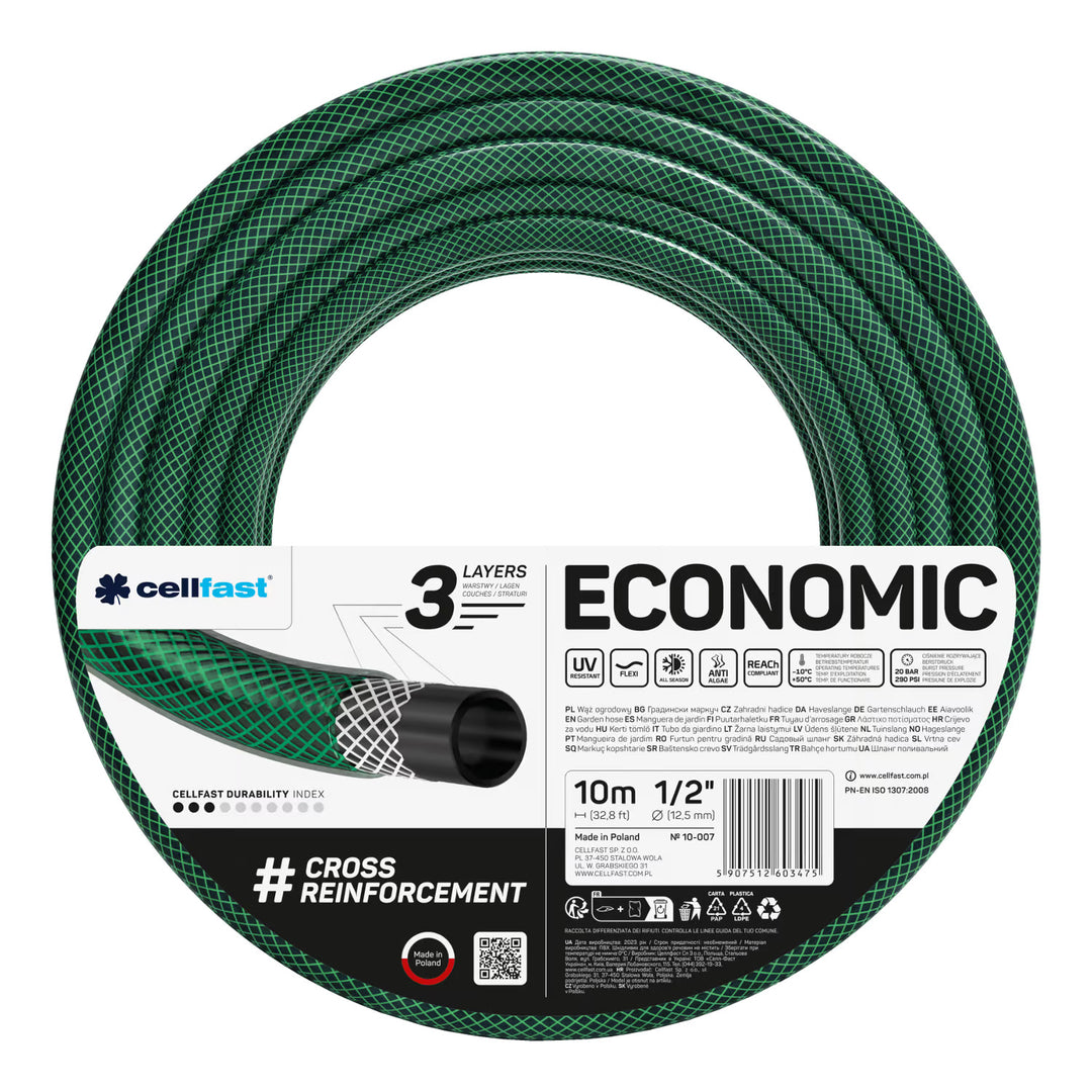 Градински маркуч Cellfast Economic 1/2" 10 м + закачалка за маркуч Cellfast (сива) + комплект с прав разпръсквач Cellfast Basic 1/2"
