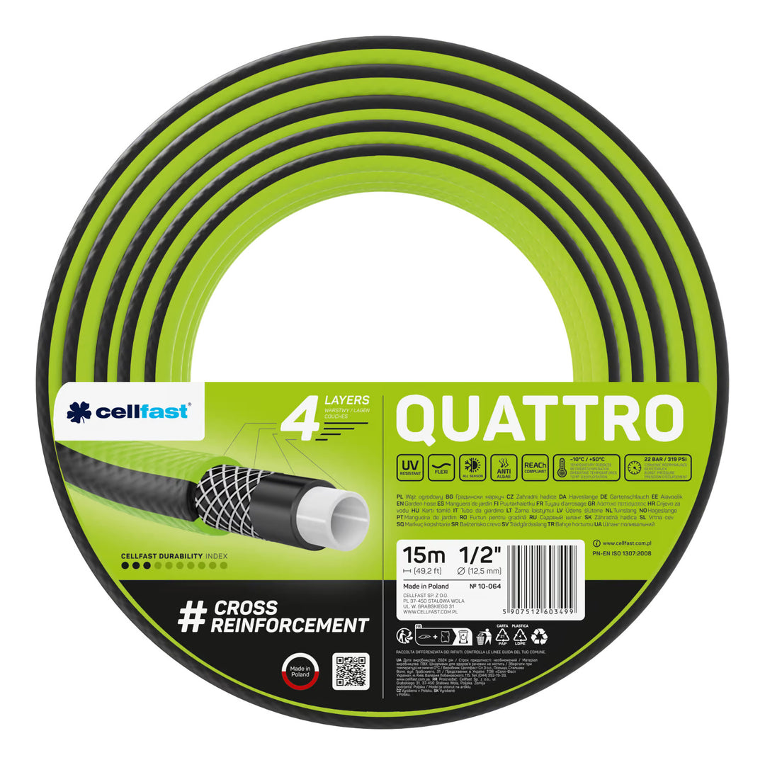 Градински маркуч Cellfast Quattro 1/2" 15 м + закачалка за маркуч Cellfast (сива) + комплект с прав разпръсквач Cellfast Basic 1/2"