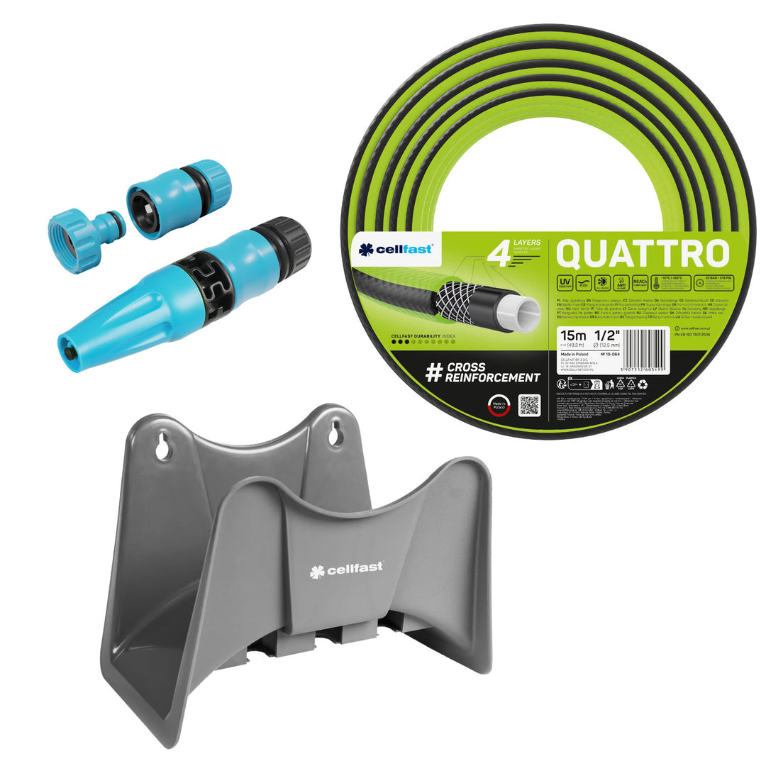 Градински маркуч Cellfast Quattro 1/2" 15 м + закачалка за маркуч Cellfast (сива) + комплект с прав разпръсквач Cellfast Basic 1/2"