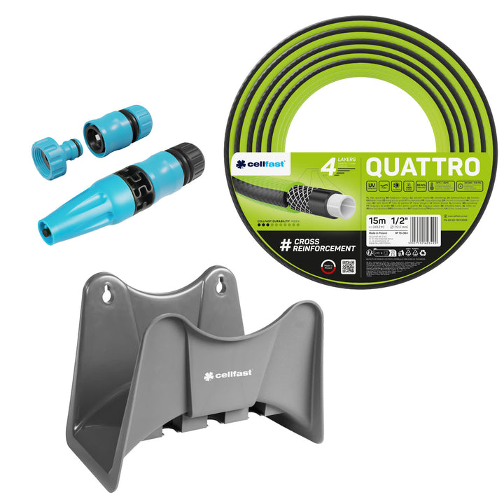 Градински маркуч Cellfast Quattro 1/2" 15 м + закачалка за маркуч Cellfast (сива) + комплект с прав разпръсквач Cellfast Basic 1/2"