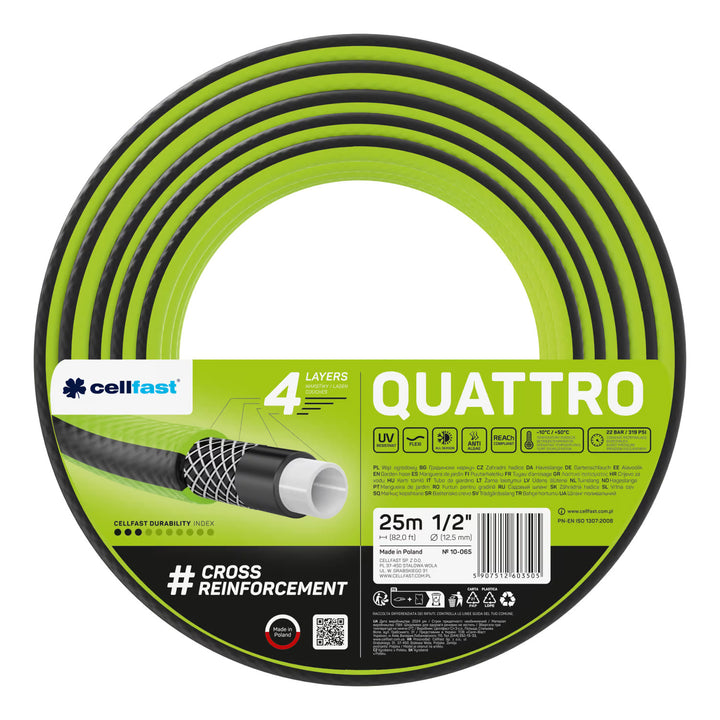 Градински маркуч Cellfast Quattro 1/2" 25 м + закачалка за маркуч Cellfast (сива) + комплект с прав разпръсквач Cellfast Basic 1/2"