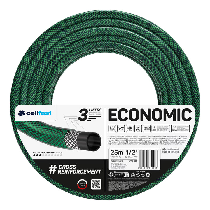 Градински маркуч Cellfast Economic 1/2" 50 м + закачалка за маркуч Cellfast (сива) + комплект с прав разпръсквач Cellfast Basic 1/2"