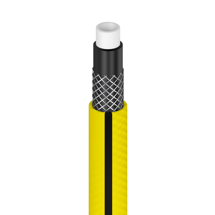 Градински маркуч Cellfast 4YELLOW 1/2" 30 м + закачалка за маркуч Cellfast в сиво + комплект с прав разпръсквач Cellfast Basic 1/2"