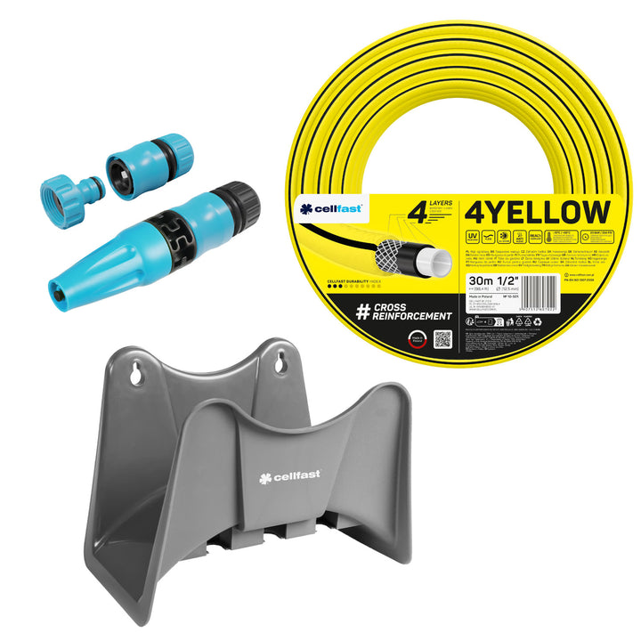 Градински маркуч Cellfast 4YELLOW 1/2" 30 м + закачалка за маркуч Cellfast в сиво + комплект с прав разпръсквач Cellfast Basic 1/2"