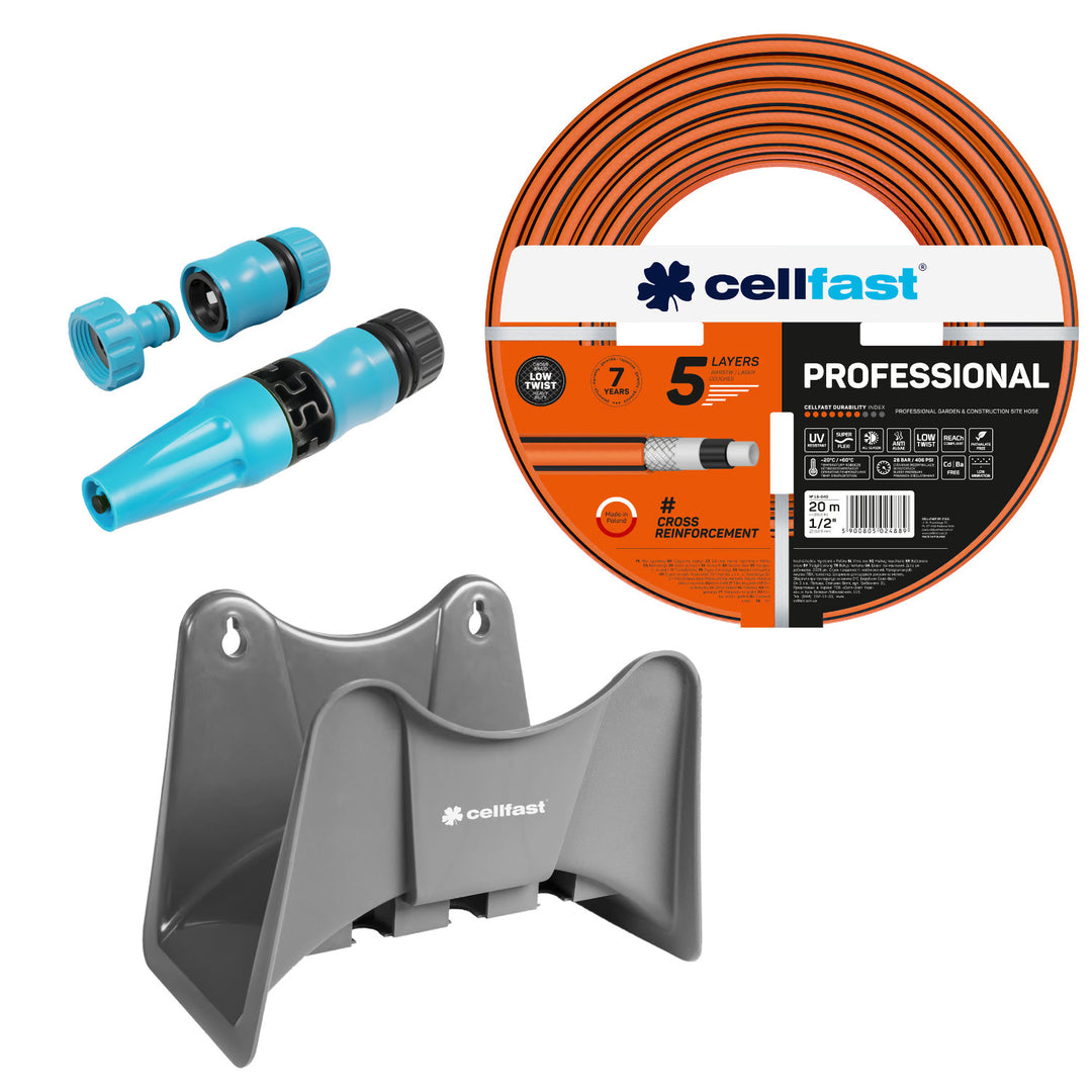 Градински маркуч Cellfast, PROFESSIONAL 1/2" 20 м + закачалка за маркуч Cellfast, сива + комплект с прав разпръсквач Cellfast Basic 1/2"