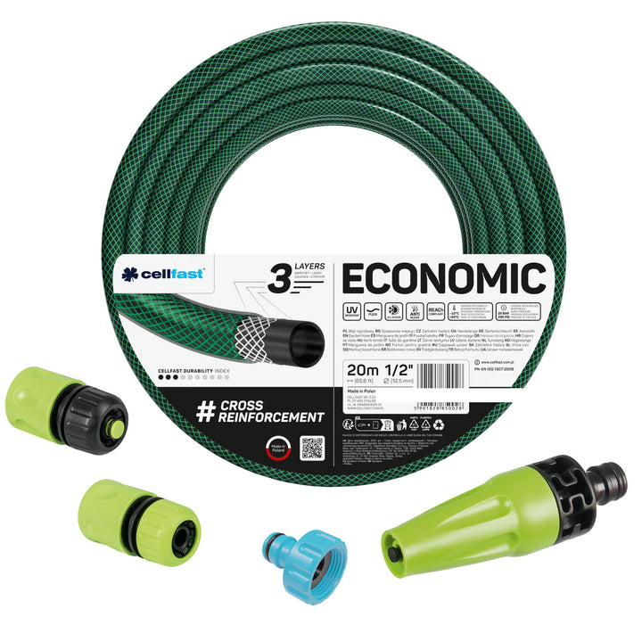 Градински маркуч Cellfast Economic 1/2" 20 м + прав разпръсквач + съединител с вътрешна резба 3/4" + бързосъединител за преминаване и спирателен кран 1/2"