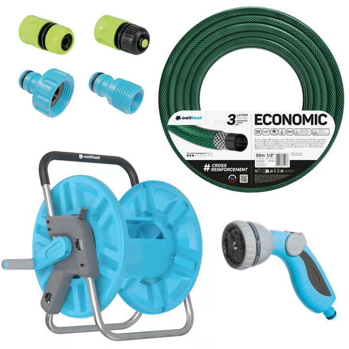 Градински маркуч Economic 1/2" 50 м + стойка, съединител с вътрешна резба 3/4", съединител с външна резба 1/2", бързосъединител с преход и стоп 1/2" + 8-функционален пистолетен разпръсквач Cellfast Mix Ideal
