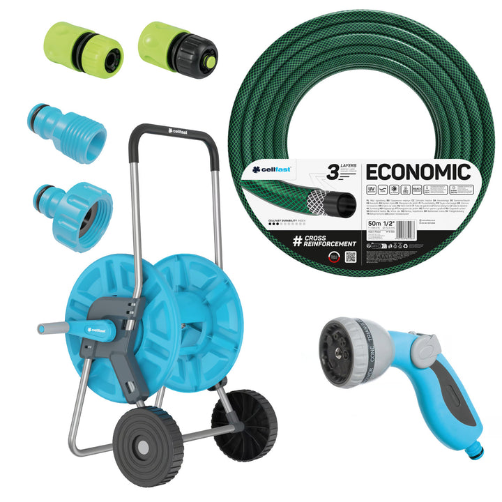 Градински маркуч Economic 1/2" 50 м + количка, съединител с вътрешна резба 3/4", съединител с външна резба 1/2", бързосъединител с преход и стоп 1/2" + 8-функционален пистолетен разпръсквач Cellfast Mix Ideal