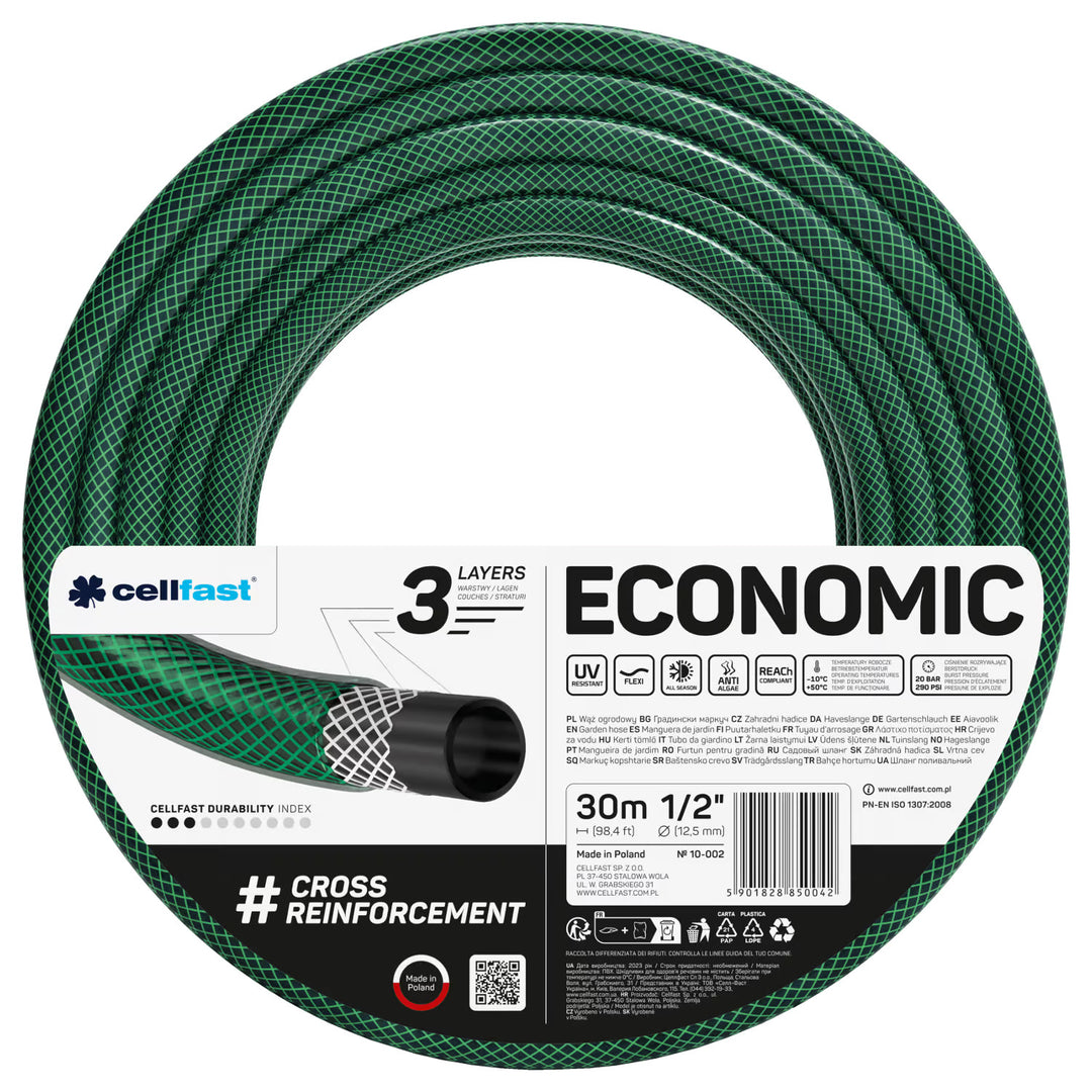 Градински маркуч Cellfast Economic 1/2" 30 м + стойка, съединител с вътрешна резба 3/4", бързосъединител с преход и стоп 1/2" + прав разпръсквач Cellfast Economic
