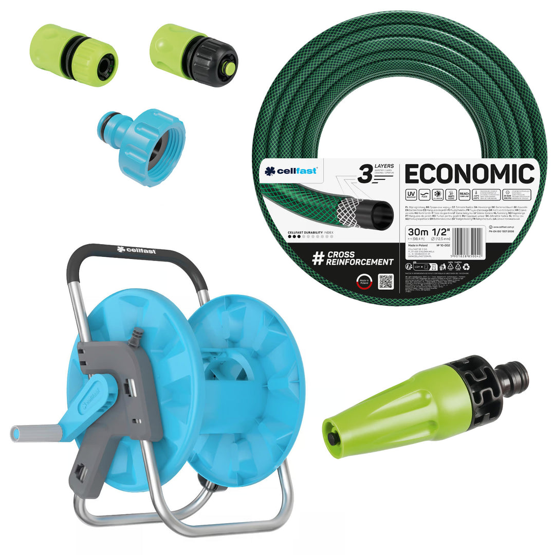 Градински маркуч Cellfast Economic 1/2" 30 м + стойка, съединител с вътрешна резба 3/4", бързосъединител с преход и стоп 1/2" + прав разпръсквач Cellfast Economic