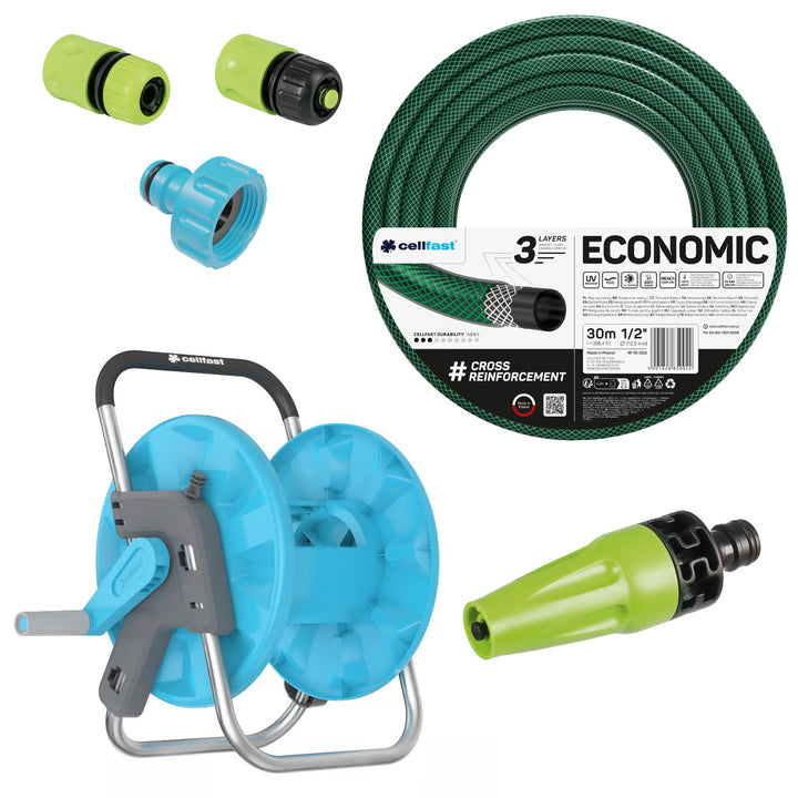Градински маркуч Cellfast Economic 1/2" 30 м + стойка, съединител с вътрешна резба 3/4", бързосъединител с преход и стоп 1/2" + прав разпръсквач Cellfast Economic