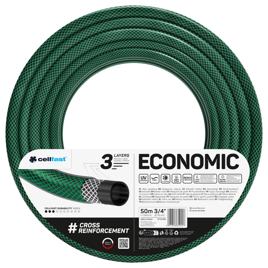 Градински маркуч Cellfast Economic 3/4" 50 м + бърза връзка от сплав и преходник 3/4" + съединител с вътрешна резба 3/4" + въртящ се разпръсквач + пистолетен разпръсквач