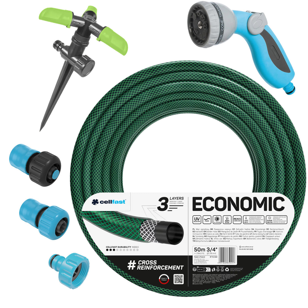 Градински маркуч Cellfast Economic 3/4" 50 м + бърза връзка от сплав и преходник 3/4" + съединител с вътрешна резба 3/4" + въртящ се разпръсквач + пистолетен разпръсквач