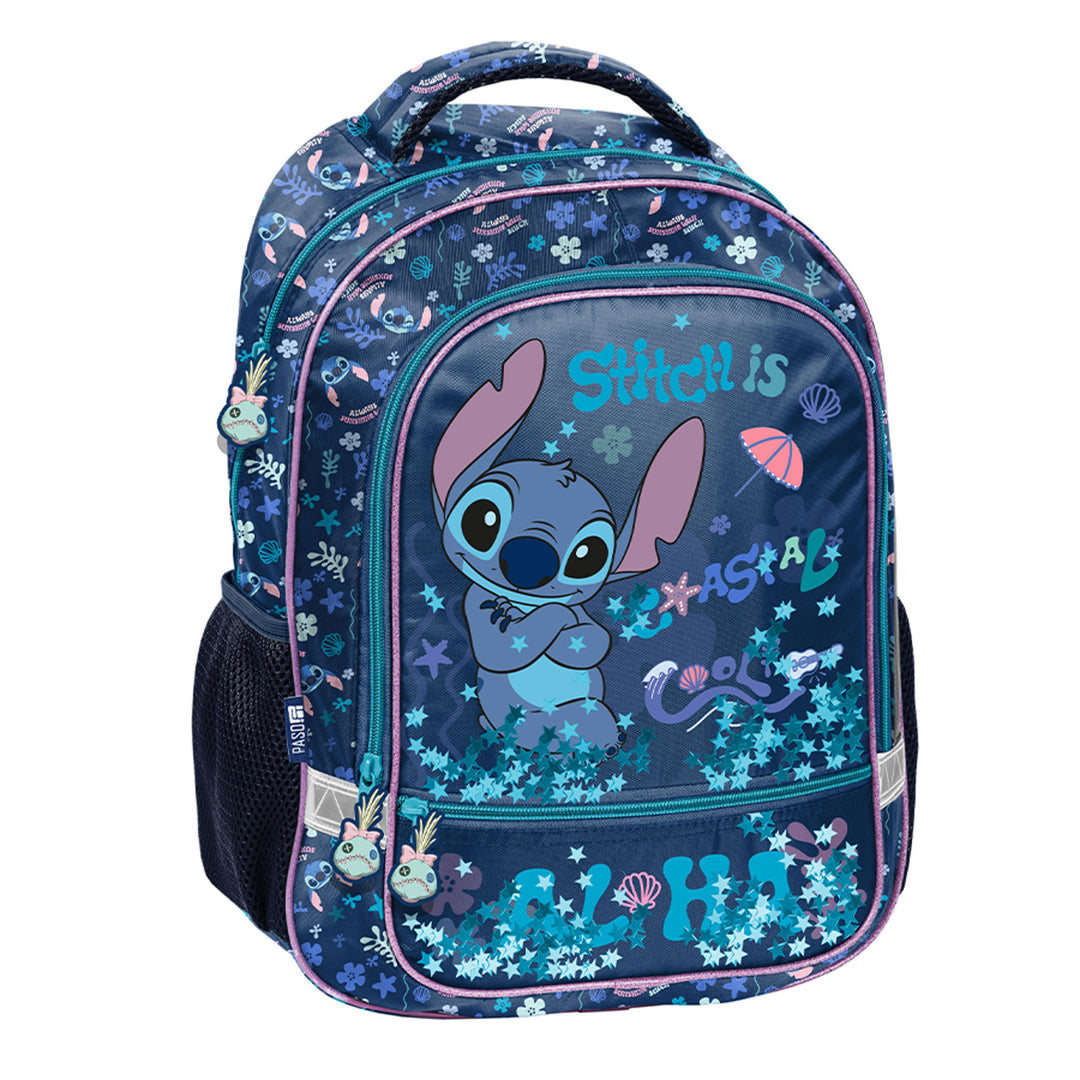 Училищен комплект „Stitch Paso“, раница с две отделения, светлоотражателни елементи и подсилена гръбна част, пенал без принадлежности и с дръжки за прибори, торба за обувки, която може да се носи на гърба, DS26XX