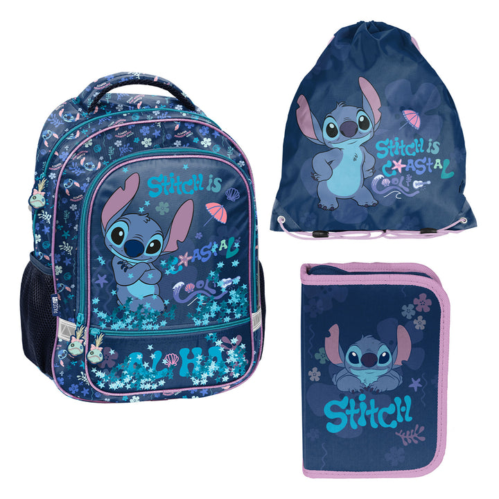 Училищен комплект „Stitch Paso“, раница с две отделения, светлоотражателни елементи и подсилена гръбна част, пенал без принадлежности и с дръжки за прибори, торба за обувки, която може да се носи на гърба, DS26XX