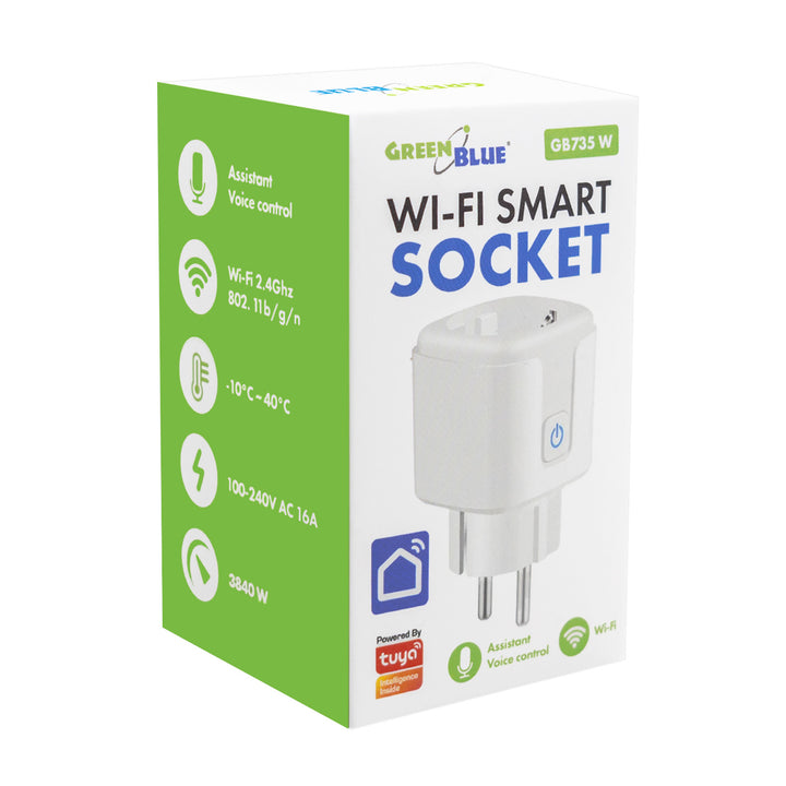 Дистанционно управляема WiFi контактна кутия GreenBlue, Android/iOS/Alexa/Google Home, таймер, ватомер, макс. 16 A/3840 W, GB735 W, 2 броя